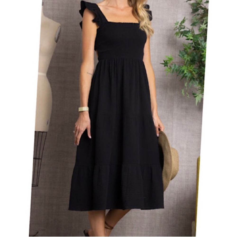 NWT Sexy Cut Out Basket  Back Black Cotton Midi Dress Bohemian Y2K Summer Dress